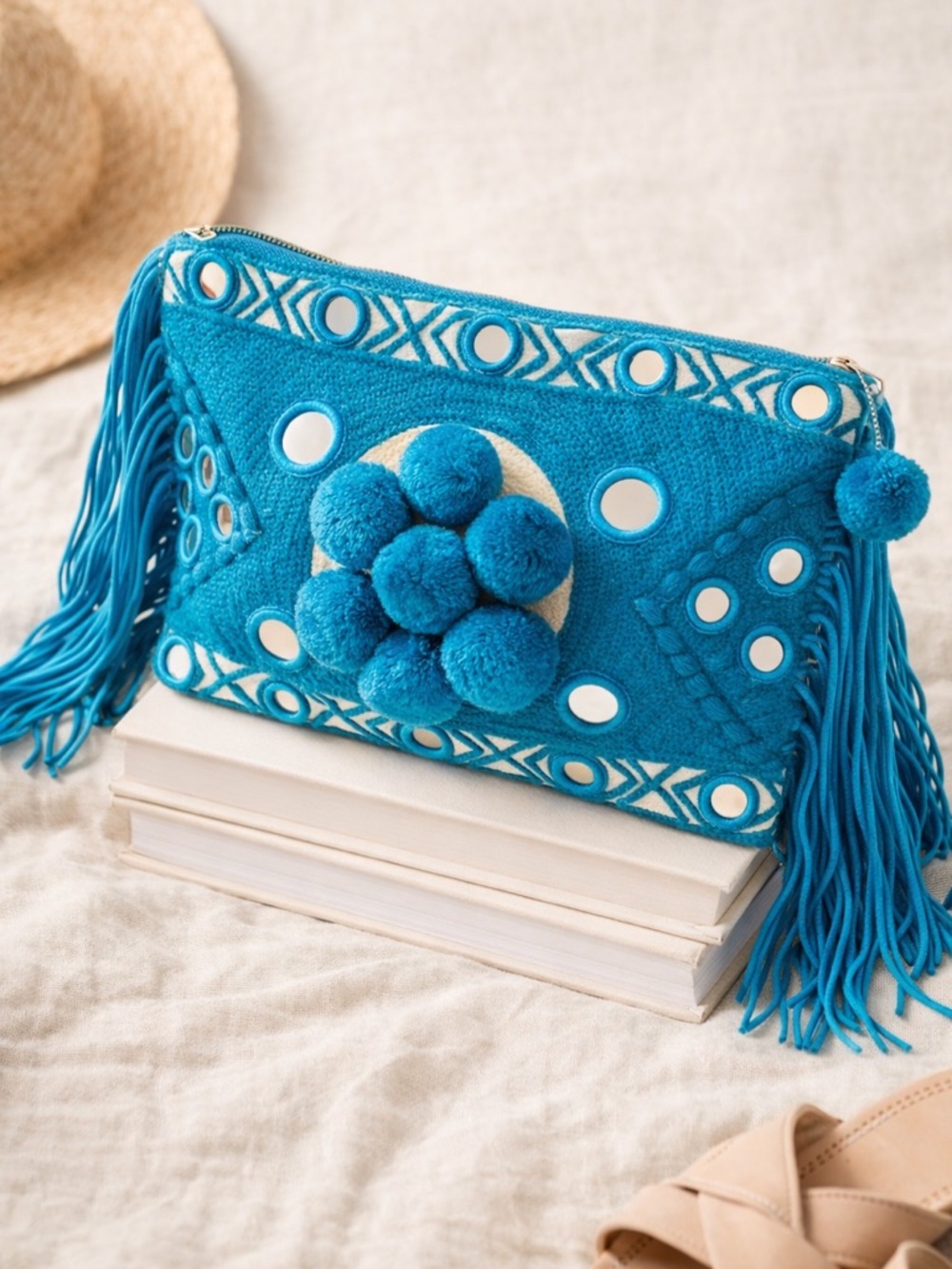 NWOT MISA Los Angeles Turquoise Boho Clutch Pom Pom Fringe Embroidered Bag